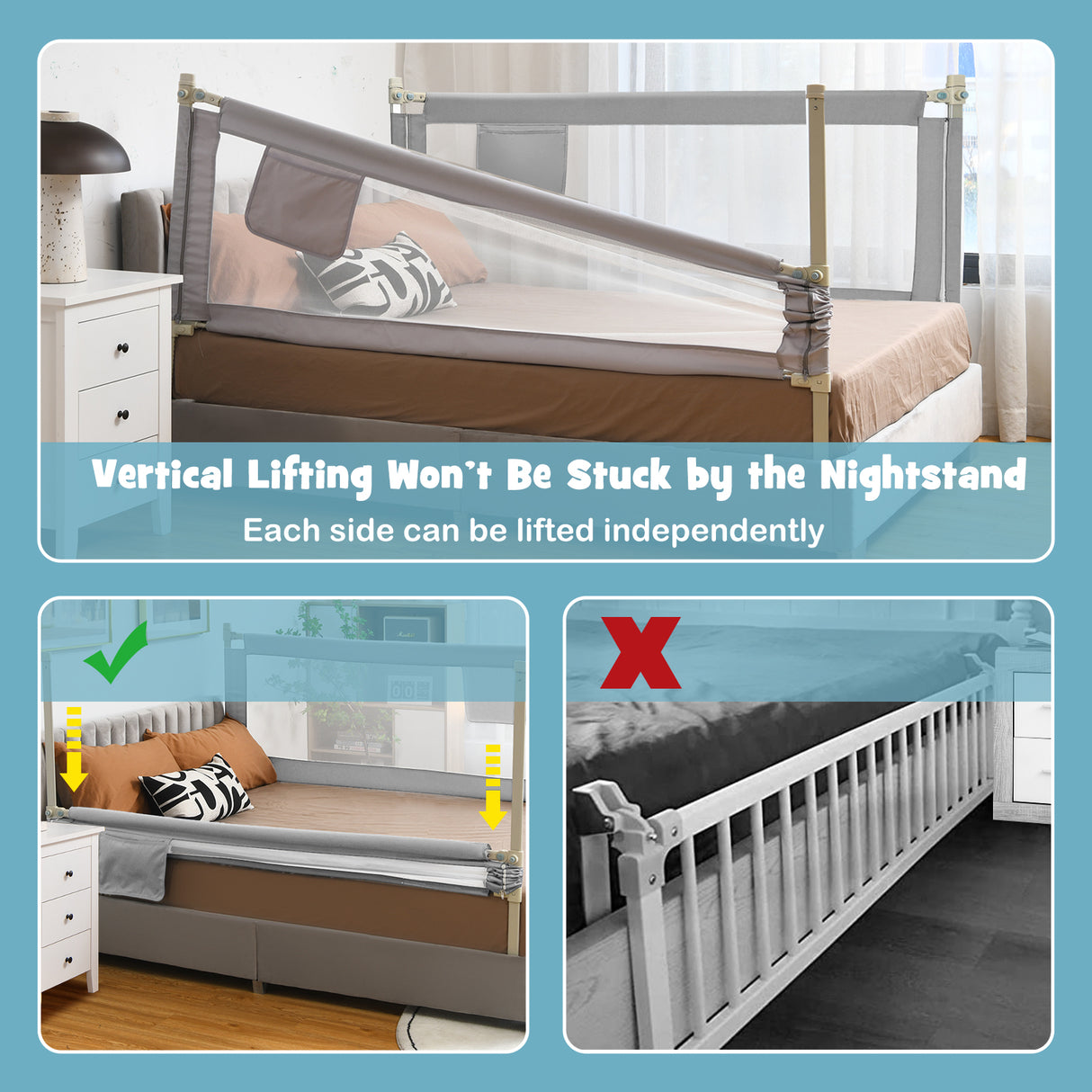 Bed Rail for Toddler, 195cm Vertical Lifting Bed Guardrail w/ Double Safety Lock