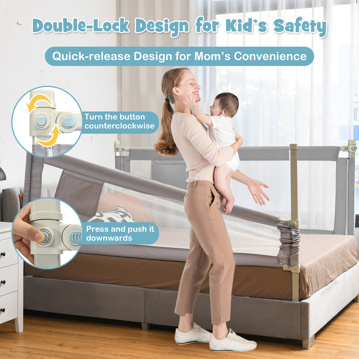 Bed Rail for Toddler, 195cm Vertical Lifting Bed Guardrail w/ Double Safety Lock