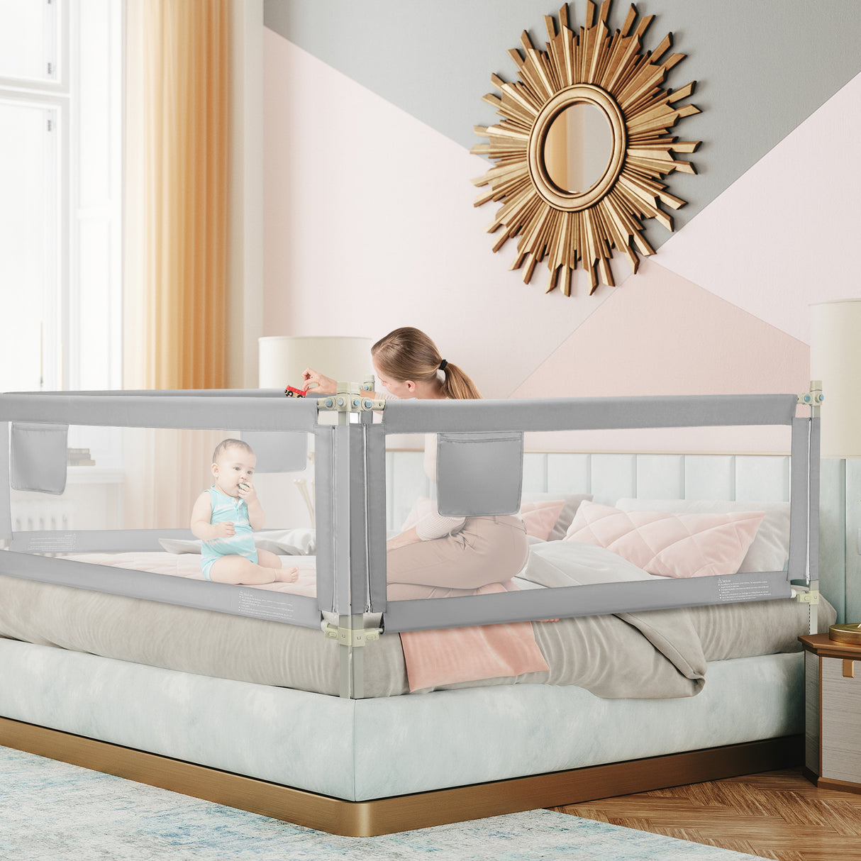 Bed Rail for Toddler, 195cm Vertical Lifting Bed Guardrail w/ Double Safety Lock