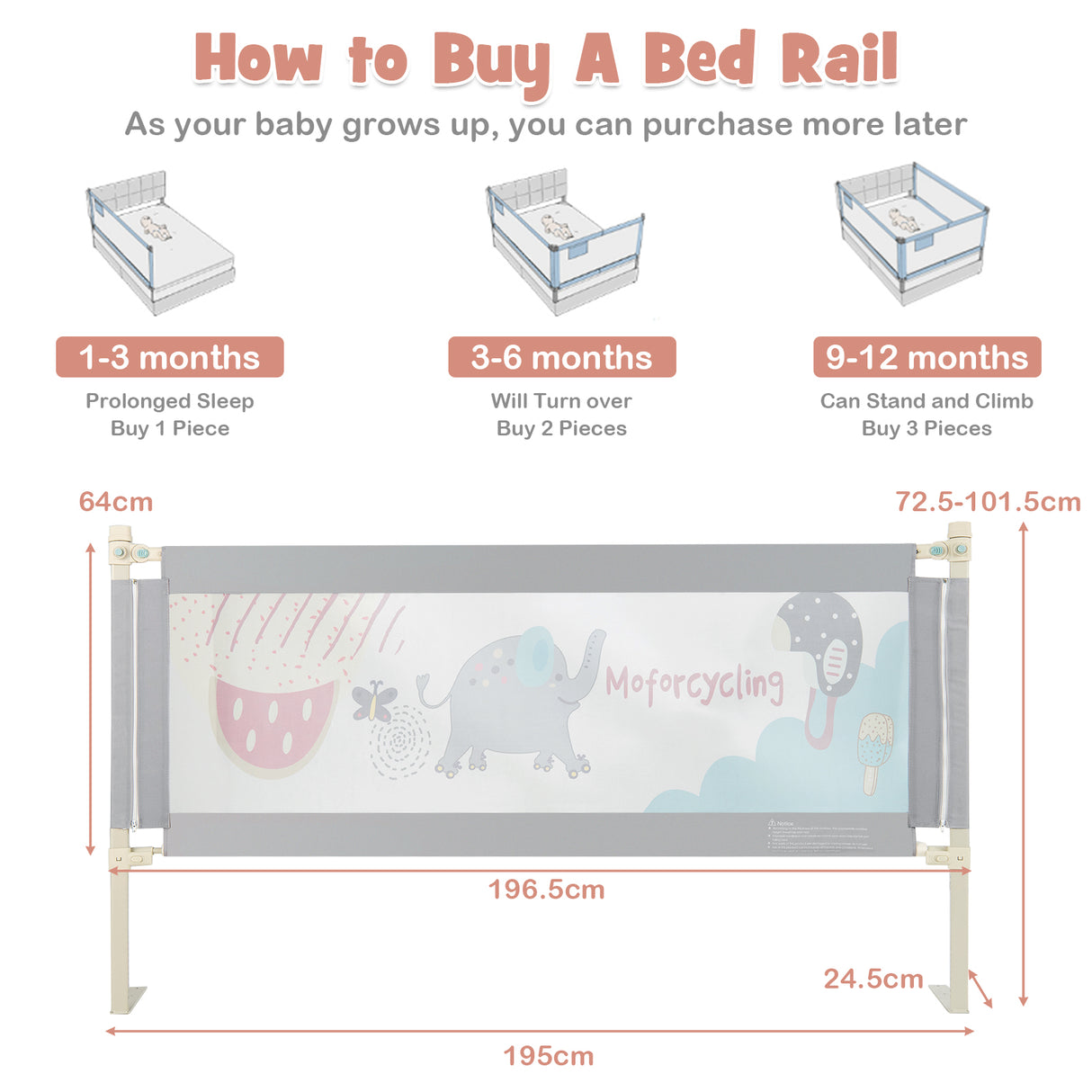 BABY JOY Toddler Bed Rail Guard, Vertical Adjustable, 176/197 cm Extra Long Foldable Baby Bed Safety Guardrail