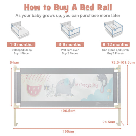 BABY JOY Toddler Bed Rail Guard, Vertical Adjustable, 176/197 cm Extra Long Foldable Baby Bed Safety Guardrail