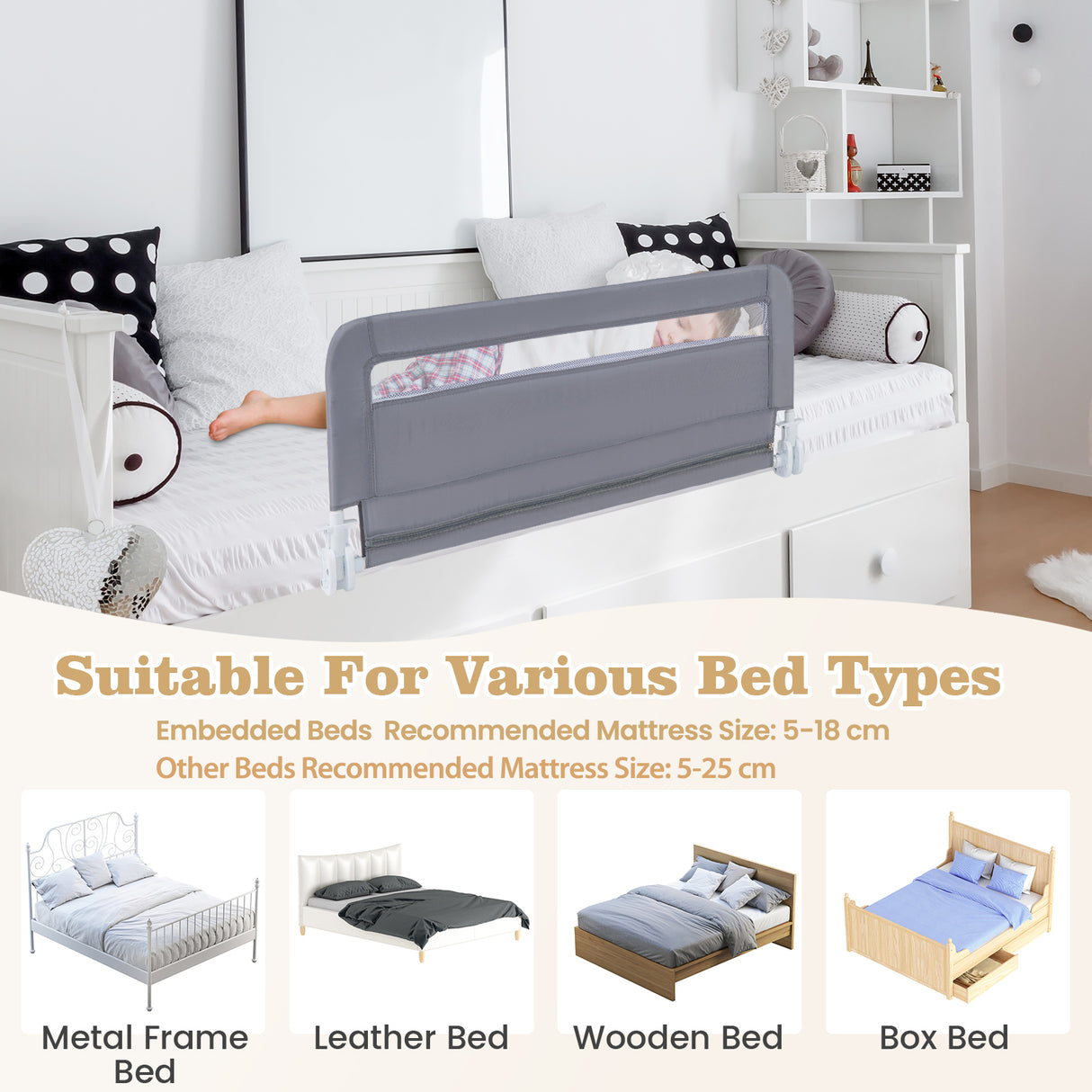 BABY JOY Toddler Foldable Bed Rail Cot Guard Baby Kids Bedrail with Safety Strap