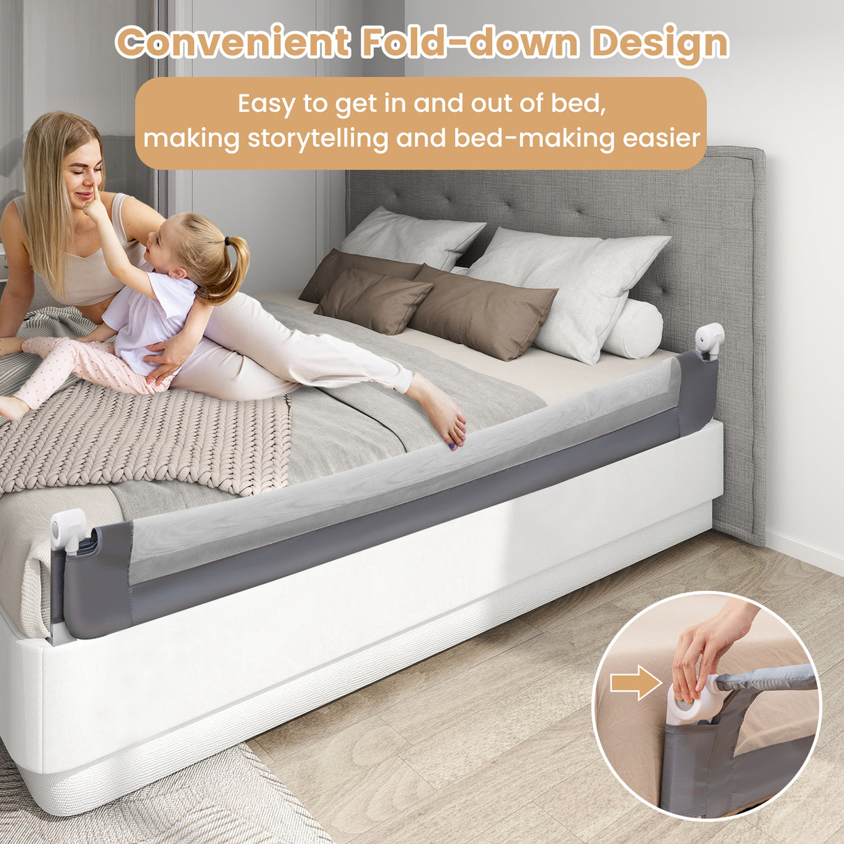 180 x 42 cm Foldable Bed Rail for Toddlers, Swing Down Baby Bed Guard Rail