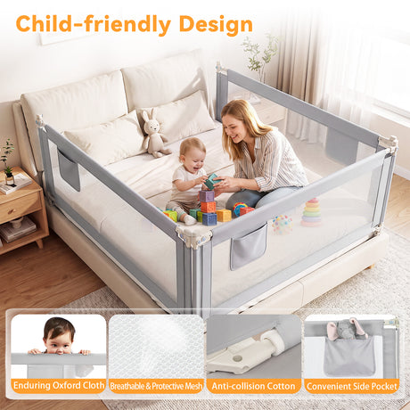 BABY JOY 176/195CM Toddler Bedrail, Extra Tall Safety Bed Guardrail W/Anti-Collision Cotton & Side Pocket