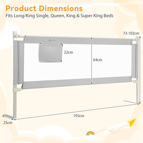 BABY JOY 176/195CM Toddler Bedrail, Extra Tall Safety Bed Guardrail W/Anti-Collision Cotton & Side Pocket