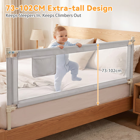 BABY JOY 176/195CM Toddler Bedrail, Extra Tall Safety Bed Guardrail W/Anti-Collision Cotton & Side Pocket