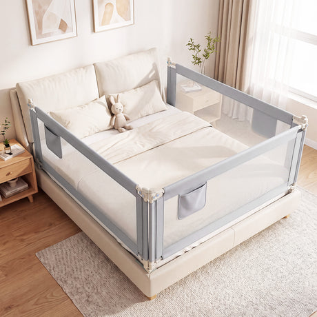 BABY JOY 176/195CM Toddler Bedrail, Extra Tall Safety Bed Guardrail W/Anti-Collision Cotton & Side Pocket