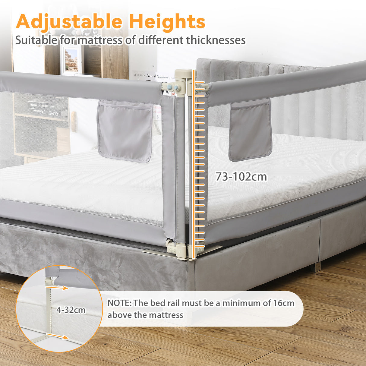 BABY JOY 176/195CM Toddler Bedrail, Extra Tall Safety Bed Guardrail W/Anti-Collision Cotton & Side Pocket