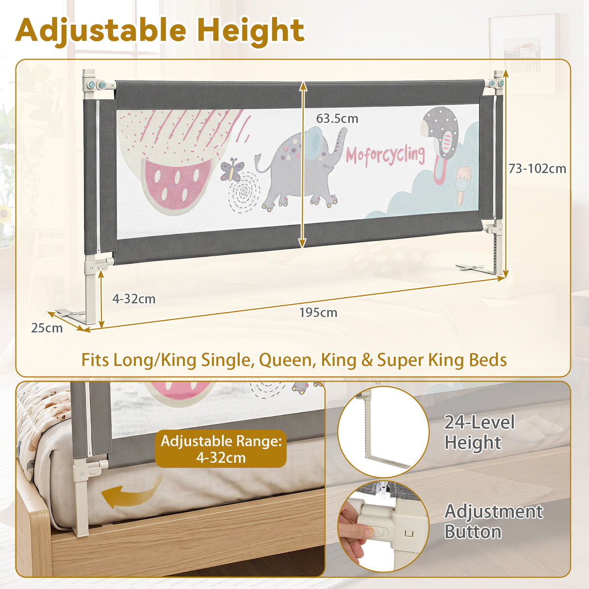 BABY JOY Toddler Bed Rail Guard, Vertical Adjustable, 176/197 cm Extra Long Foldable Baby Bed Safety Guardrail