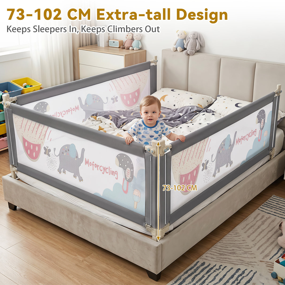BABY JOY Toddler Bed Rail Guard, Vertical Adjustable, 176/197 cm Extra Long Foldable Baby Bed Safety Guardrail