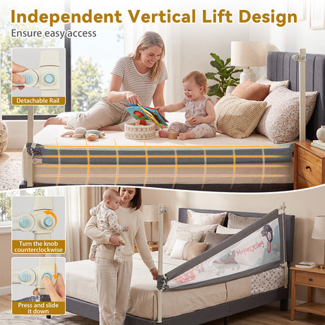 BABY JOY Toddler Bed Rail Guard, Vertical Adjustable, 176/197 cm Extra Long Foldable Baby Bed Safety Guardrail