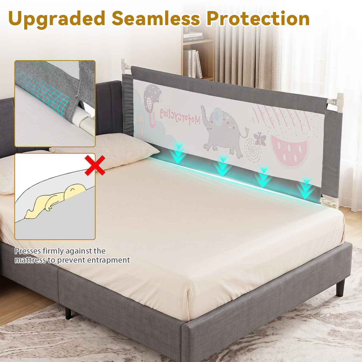 BABY JOY Toddler Bed Rail Guard, Vertical Adjustable, 176/197 cm Extra Long Foldable Baby Bed Safety Guardrail