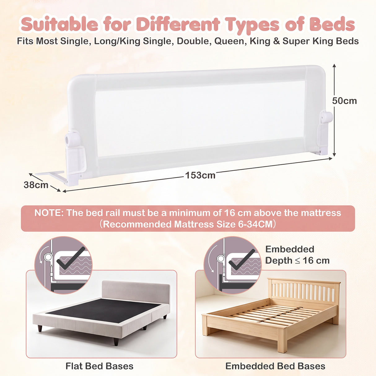 152/120 cm Long Foldable Bed Rail, 50 cm Extra Tall, White/Grey