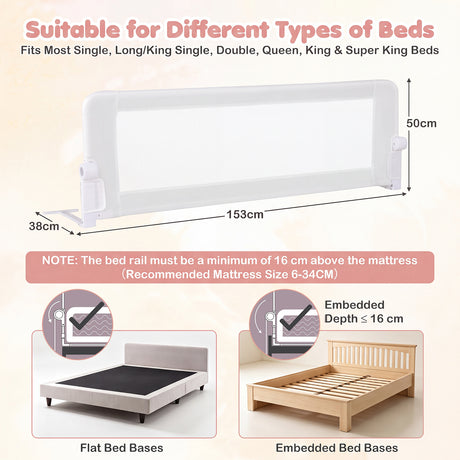 152/120 cm Long Foldable Bed Rail, 50 cm Extra Tall, White/Grey