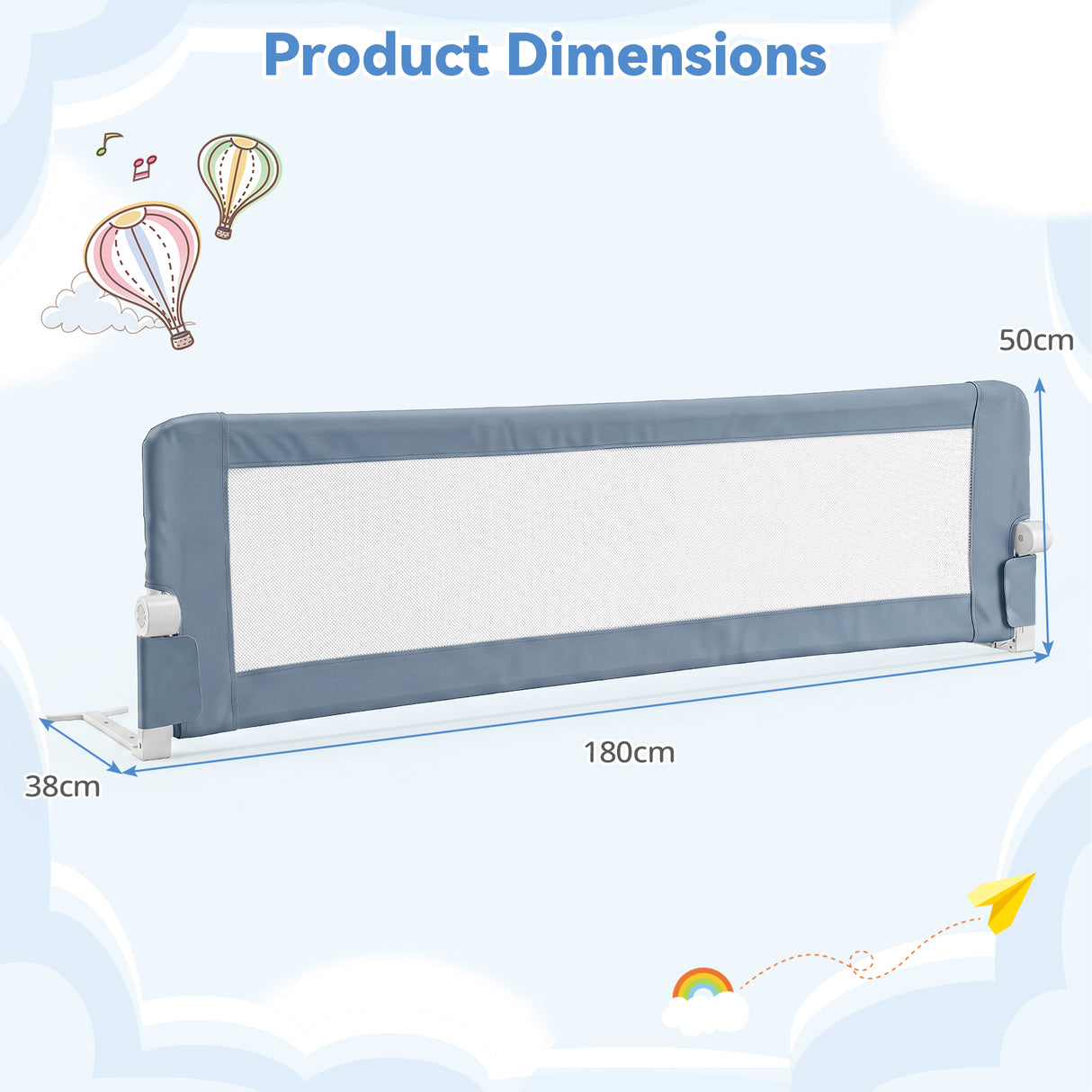 Universal Kids Bedrail Guard with Adjustable Safety Strap for Single Double Queen King Mattress, White/Grey