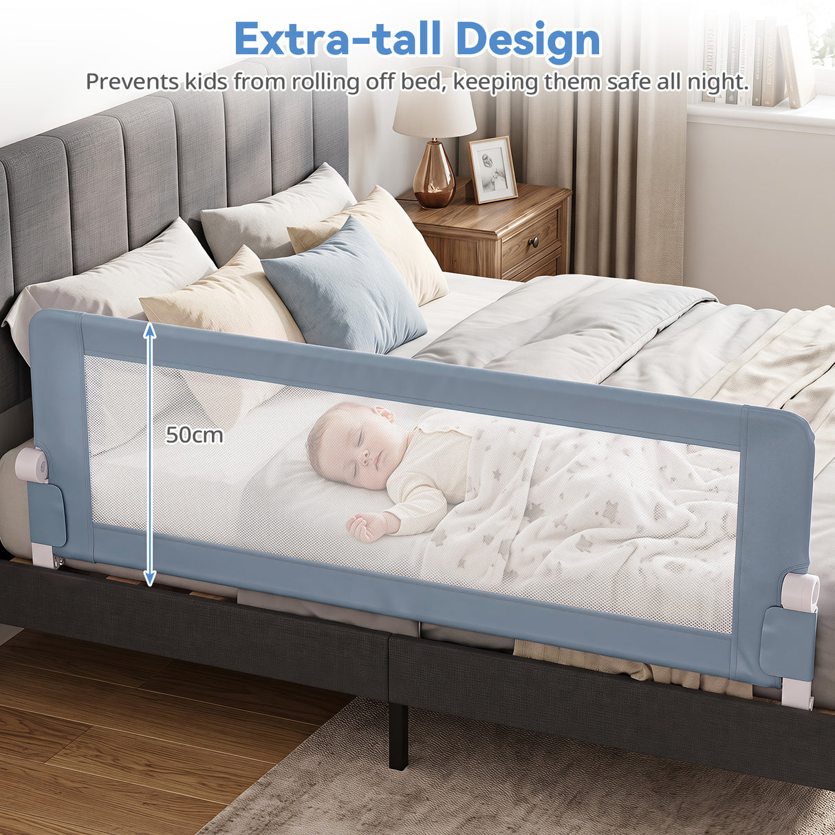 Universal Kids Bedrail Guard with Adjustable Safety Strap for Single Double Queen King Mattress, White/Grey