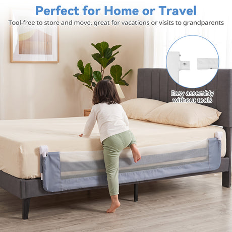 Universal Kids Bedrail Guard with Adjustable Safety Strap for Single Double Queen King Mattress, White/Grey