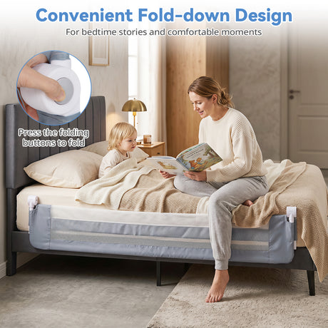 Universal Kids Bedrail Guard with Adjustable Safety Strap for Single Double Queen King Mattress, White/Grey