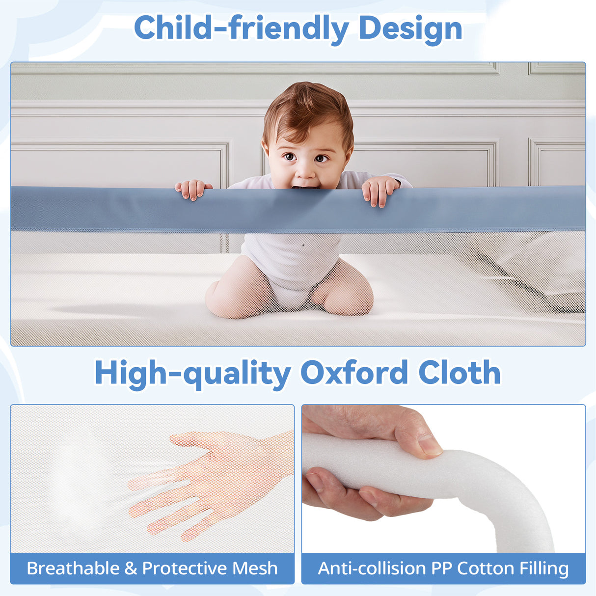 Universal Kids Bedrail Guard with Adjustable Safety Strap for Single Double Queen King Mattress, White/Grey