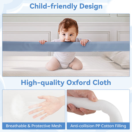 Universal Kids Bedrail Guard with Adjustable Safety Strap for Single Double Queen King Mattress, White/Grey