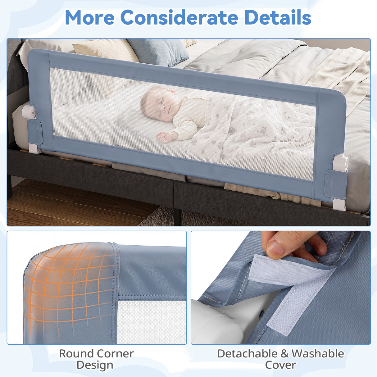 Universal Kids Bedrail Guard with Adjustable Safety Strap for Single Double Queen King Mattress, White/Grey