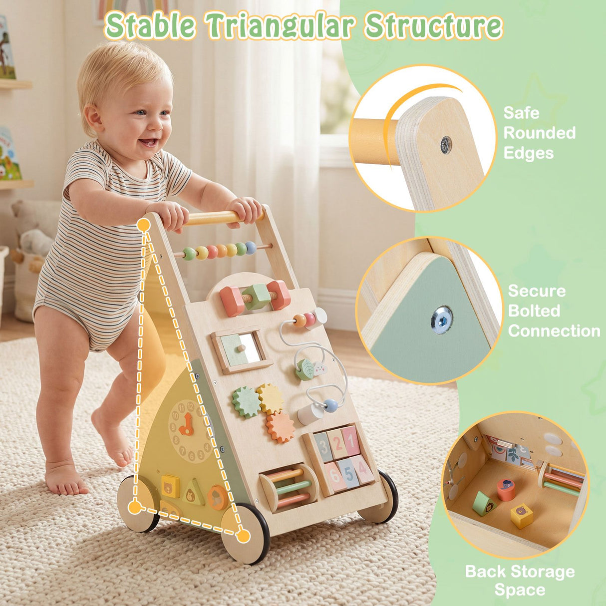 Babies Push Walker with Wheels and Storage Basket for Toddlers Girls Boys 1+ Years Old