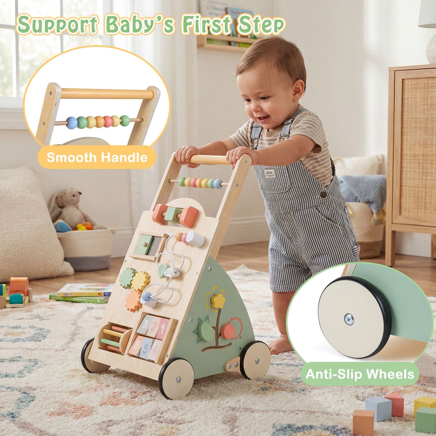 Babies Push Walker with Wheels and Storage Basket for Toddlers Girls Boys 1+ Years Old