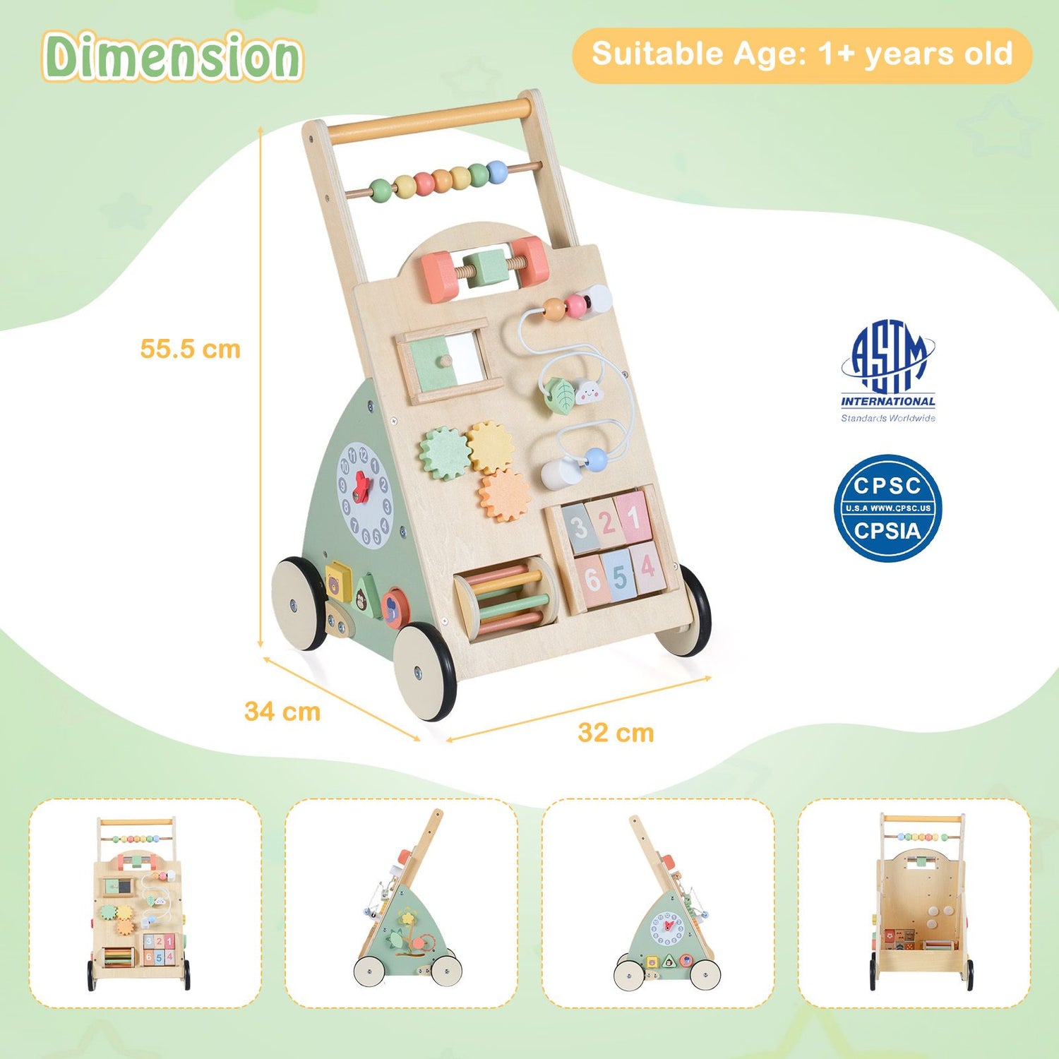 Babies Push Walker with Wheels and Storage Basket for Toddlers Girls Boys 1+ Years Old