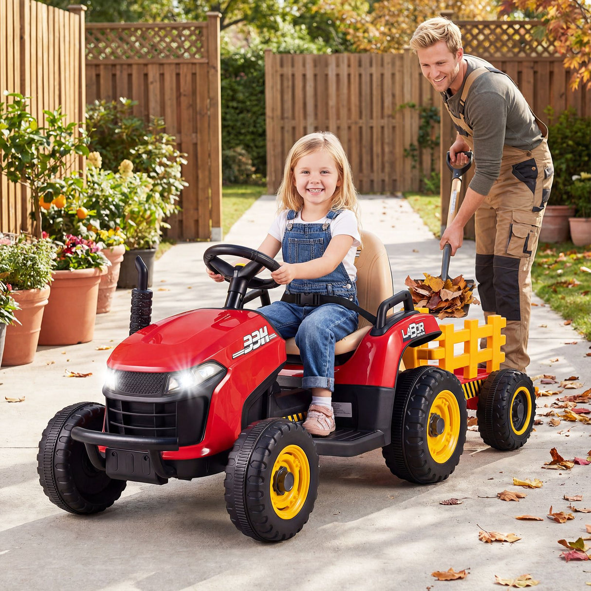 24V Ride on Tractor with Tiltable Detachable Trailer Remote and LED
