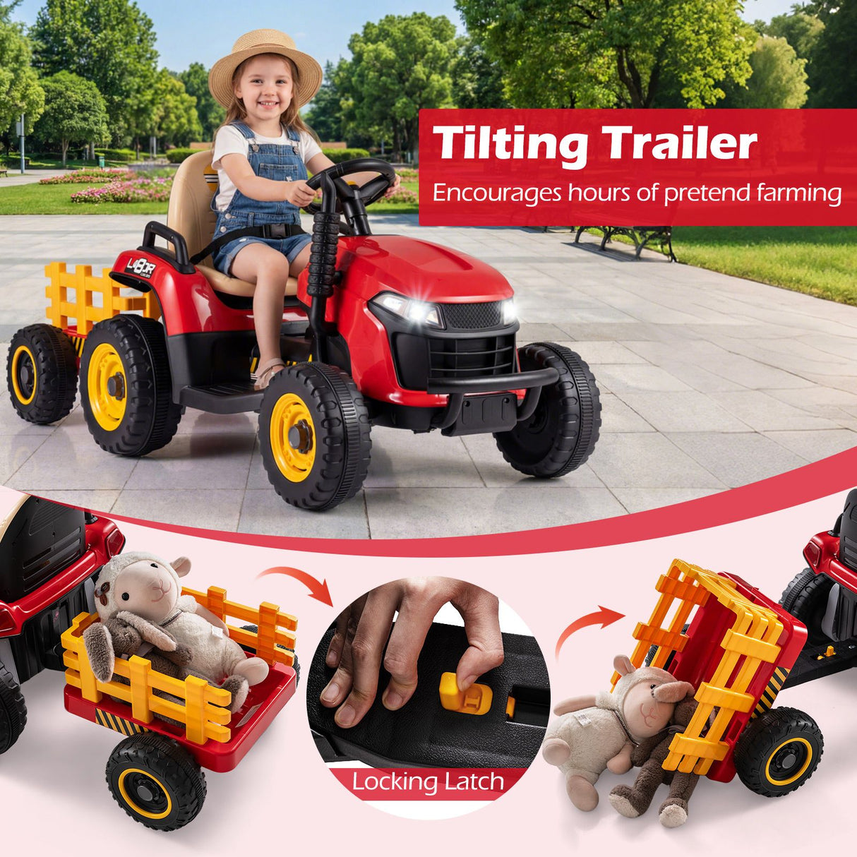 24V Ride on Tractor with Tiltable Detachable Trailer Remote and LED