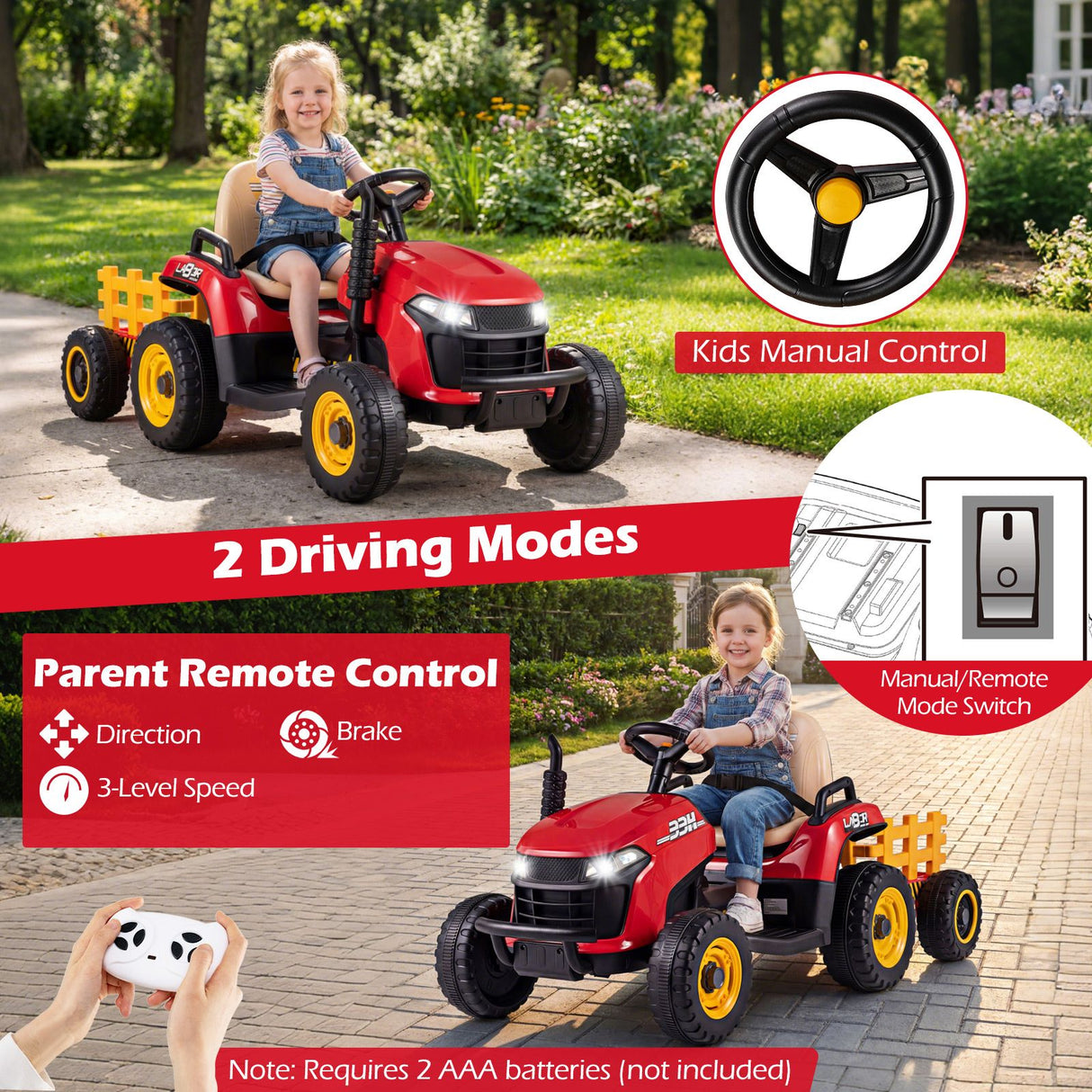 24V Ride on Tractor with Tiltable Detachable Trailer Remote and LED