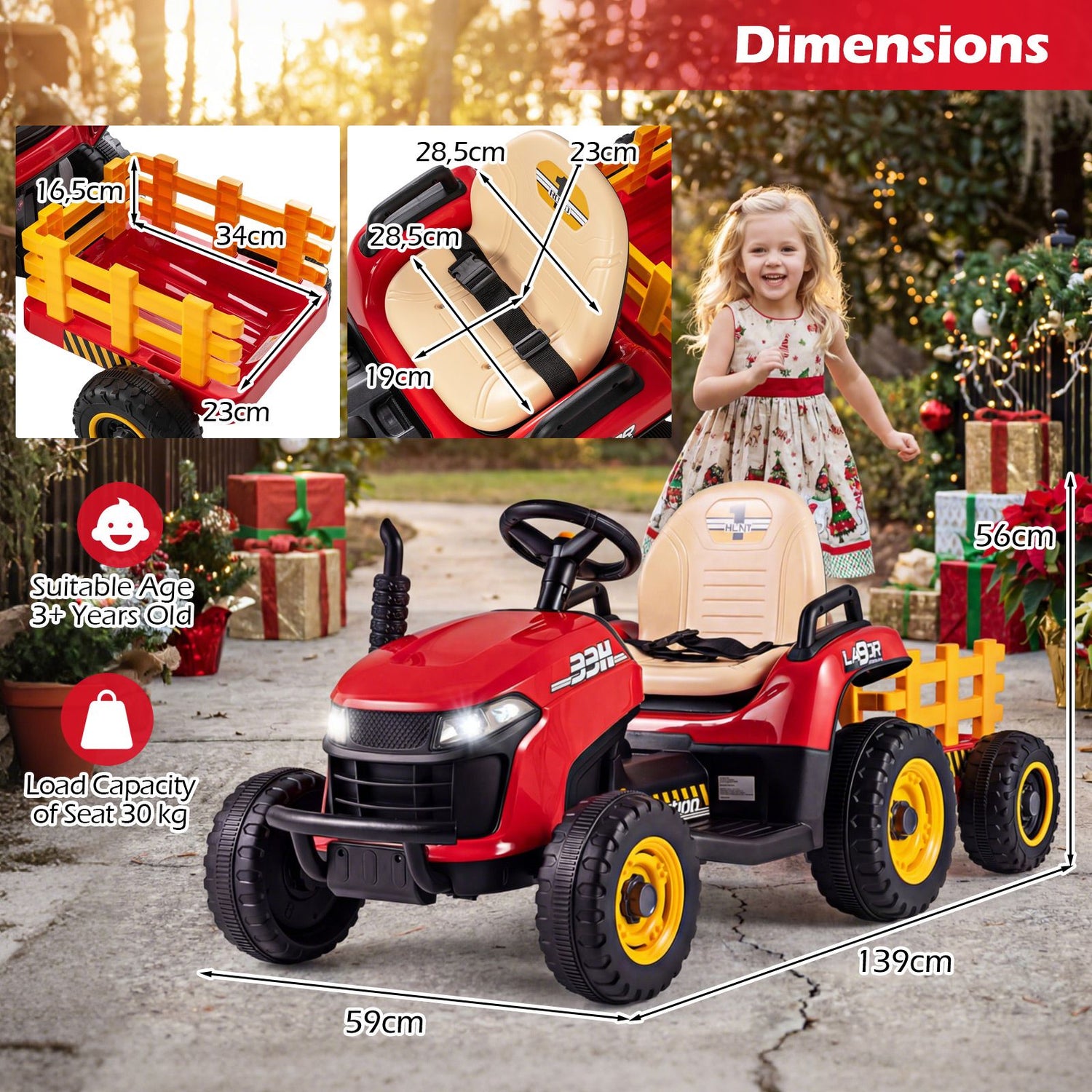 24V Ride on Tractor with Tiltable Detachable Trailer Remote and LED