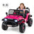 Pink toy off-road vehicle with a child sitting inside on a white background