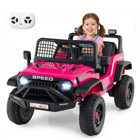 Pink toy off-road vehicle with a child sitting inside on a white background