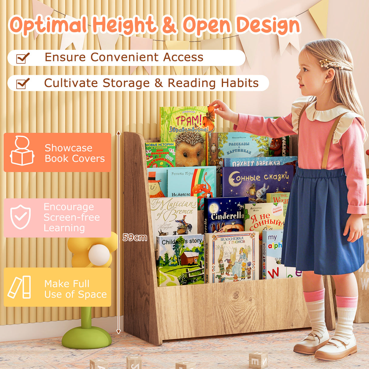 4-Tier Kids Wooden Bookshelf with Deep Compartments