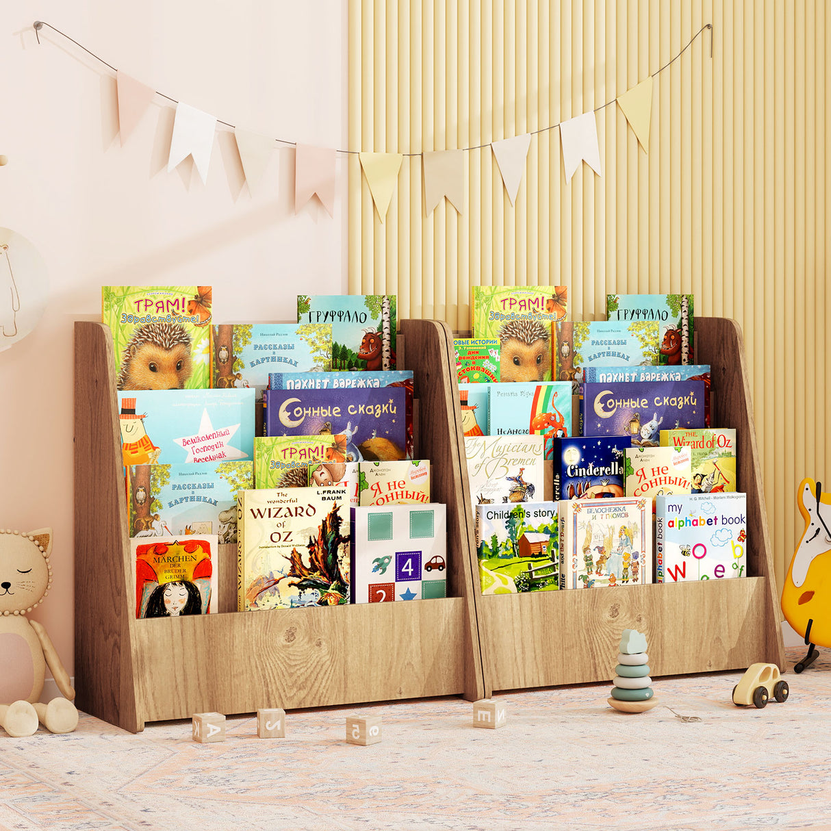 4-Tier Kids Wooden Bookshelf with Deep Compartments