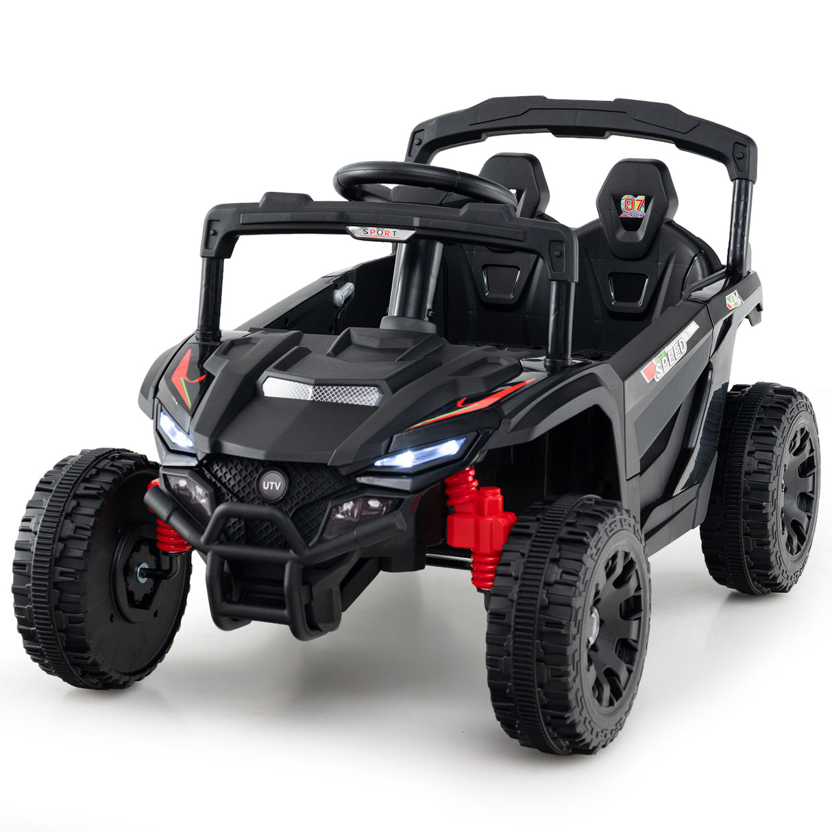 Black toy off-road vehicle with red accents on a white background