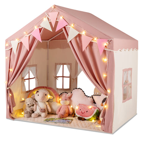 Kids Play Tent, 3-4 Kids Large Play Tent House w/2 Opening Doors, Star Lights & Plaid Pennants