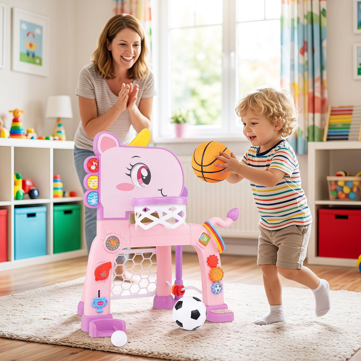 HONEY JOY Dinosaur Toddler Basketball Hoop & Soccer Ball Activity Center