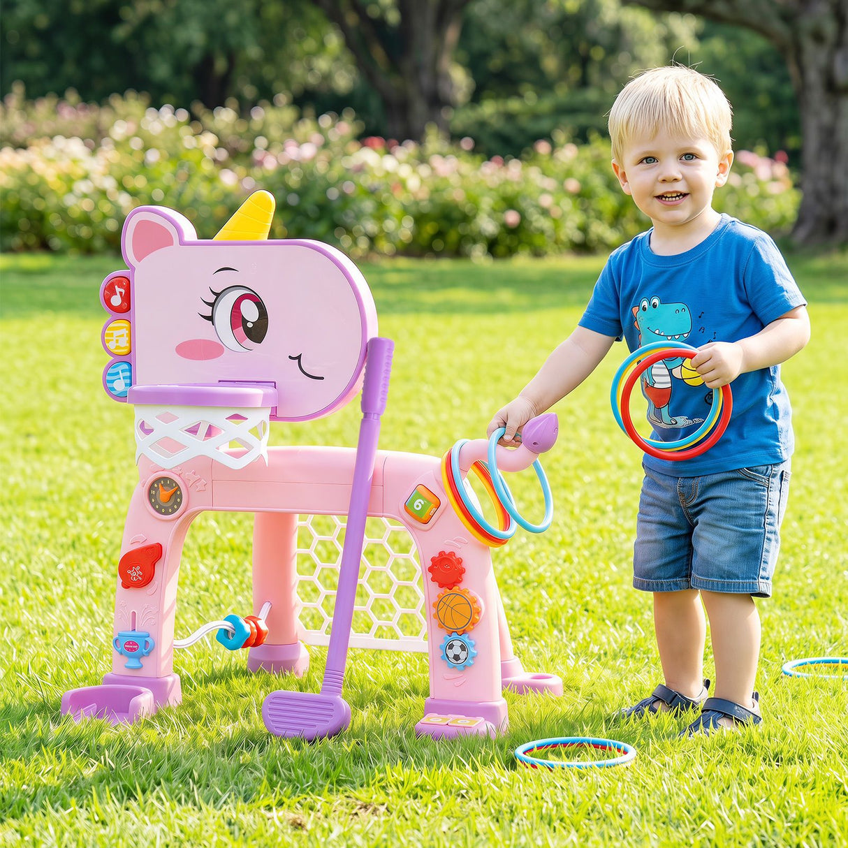 HONEY JOY Dinosaur Toddler Basketball Hoop & Soccer Ball Activity Center