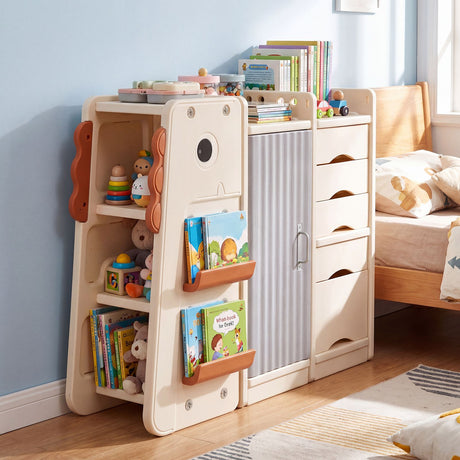 Dinosaur Toy Storage with 5 Bins and 3-Tier Bookshelf for Kids