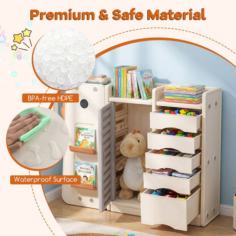 Dinosaur Toy Storage with 5 Bins and 3-Tier Bookshelf for Kids