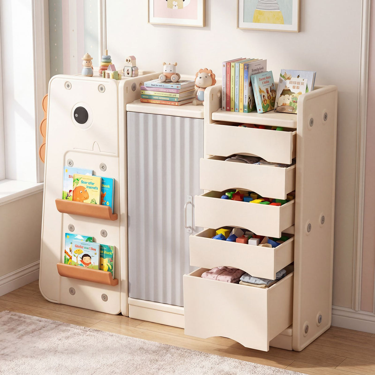 Dinosaur Toy Storage with 5 Bins and 3-Tier Bookshelf for Kids