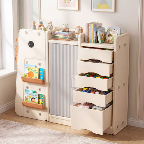 Dinosaur Toy Storage with 5 Bins and 3-Tier Bookshelf for Kids