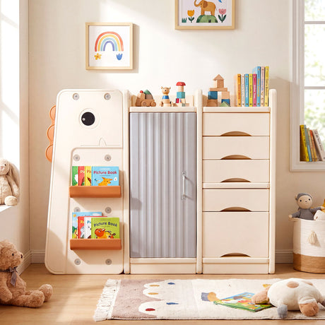 Dinosaur Toy Storage with 5 Bins and 3-Tier Bookshelf for Kids