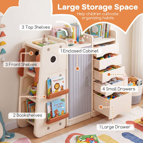 Dinosaur Toy Storage with 5 Bins and 3-Tier Bookshelf for Kids