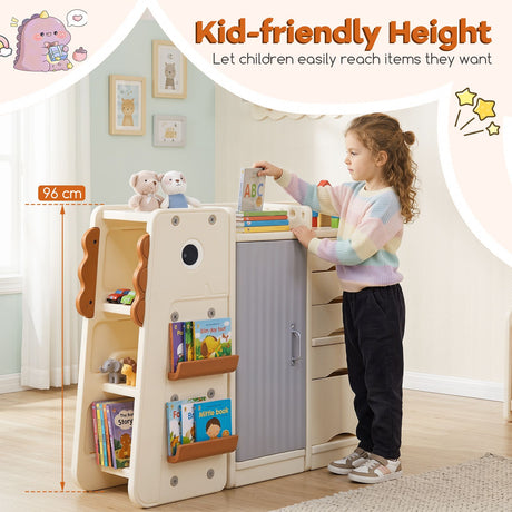 Dinosaur Toy Storage with 5 Bins and 3-Tier Bookshelf for Kids