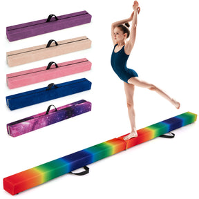 Gymnast on a rainbow balance beam with carrying cases in various colors displayed above.