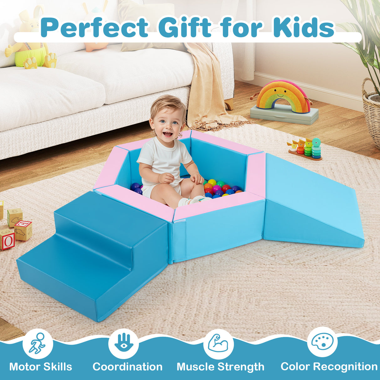 3-Piece Baby Foam Climbing Blocks, Indoor Climb and Crawl Activity Play Set with Ball Pit