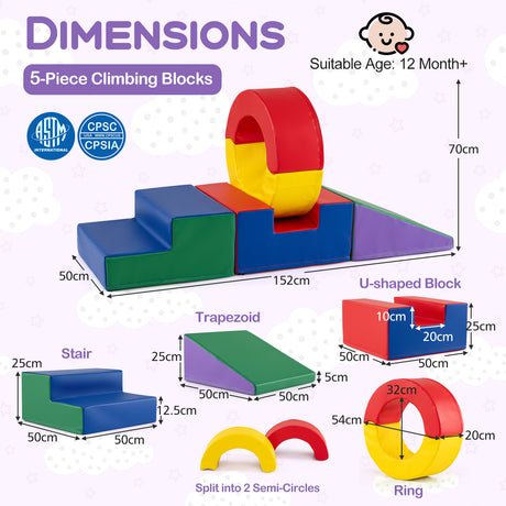 5 Pieces Kids Climbing Foam Blocks Playset Soft Play Climb and Crawl Playset